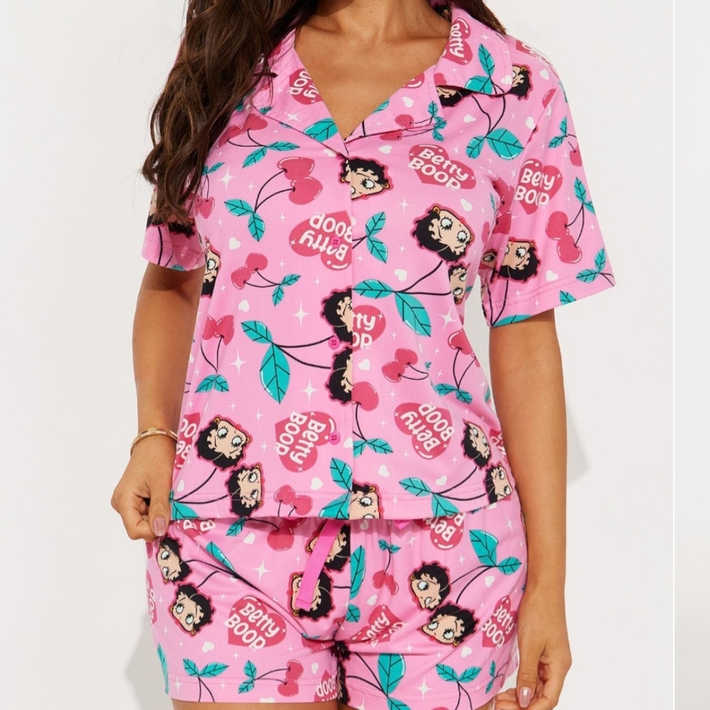Betty Boop Pink Cherry Print Short Pajama Set